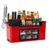 Organizator Multifunctional pentru Bucatarie Teno®, 6 Compartimente, raft condimente, suport detasabil telefon, rosu