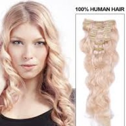 Extensii clip - on veritable cu 12 piese, lungime 60 cm , culoare blond platinat ( # 613 )