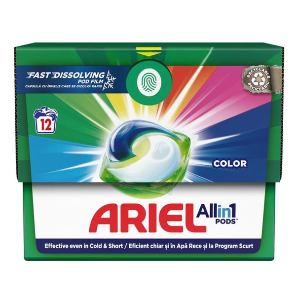 Detergent Automat Gel Capsule pentru Rufe Colorate - Ariel All in One Pods Color Fast Dissolving, 12 buc