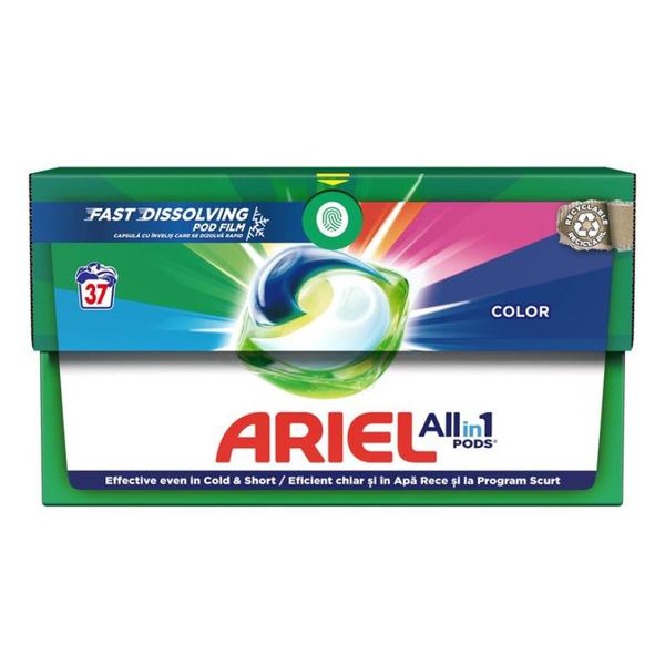 Detergent Automat Gel Capsule pentru Rufe Colorate - Ariel All in One Pods Color Fast Dissolving, 37 buc