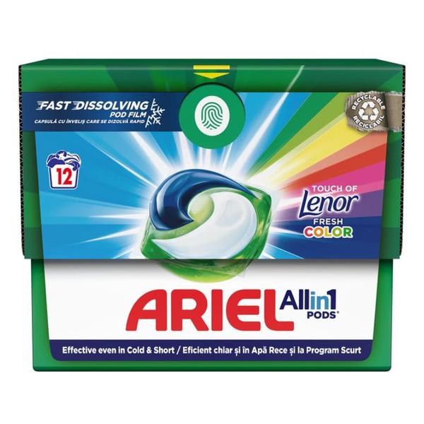 Detergent Automat Gel Capsule pentru Rufe Colorate - Ariel All in One Pods Touch of Lenor Fresh Color Fast Dissolving, 12 buc