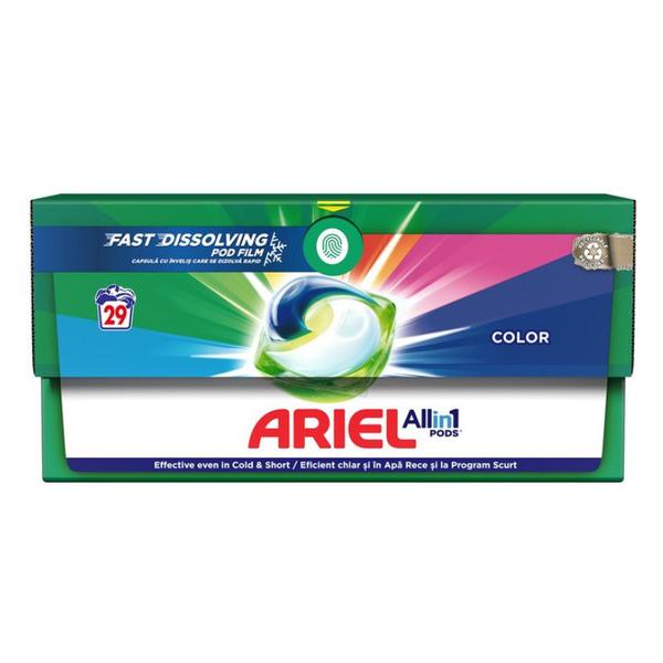 Detergent Automat Gel Capsule pentru Rufe Colorate - Ariel All in One Pods Color Fast Dissolving, 29 buc