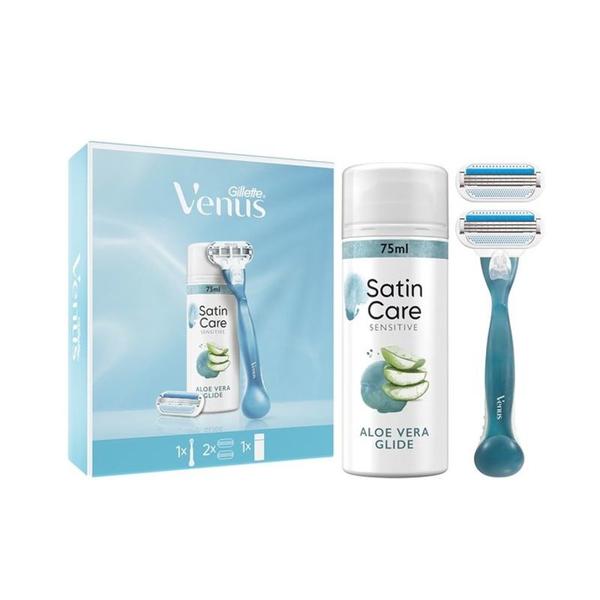 Set Cadou Gillette Venus Smooth: Aparat de Ras cu 1 Rezerva + Gel de Ras Satin Care Sensitive Aloe Vera Glide, 75 ml, 1 set