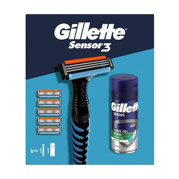 Set Cadou Gillette Sensor 3: Aparat de Ras cu 5 Rezerve + Gel de ras Series Shave Gel Soothing Sensitive with Aloe Vera, 75 ml, 1 set
