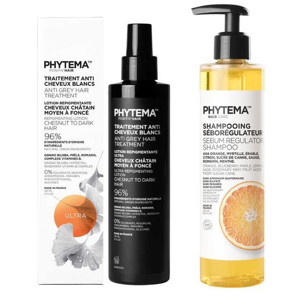 Set Tratament repigmentare pentru par alb sau grizonat, Ultra, Positiv'Hair si Sampon Bio sebo-regulator pentru par gras, Shampooing sebo-regulateur, Phytema 150ml + 250ml