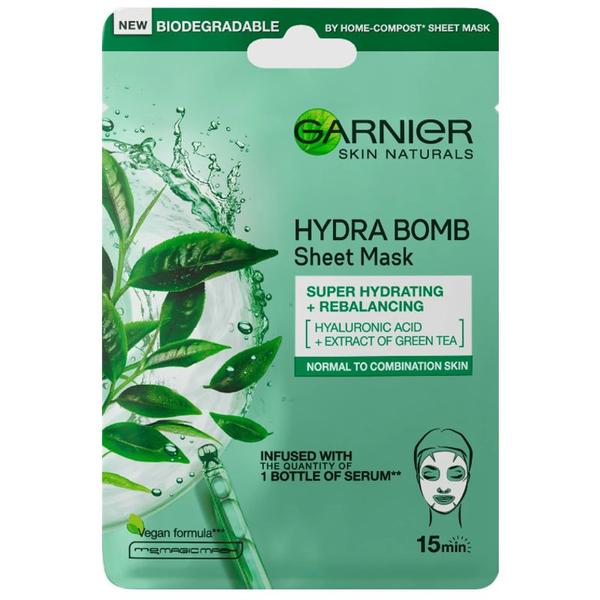 Masca Servetel Hidratanta cu Ceai Verde si Acid Hialuronic - Garnier Hydra Bomb Sheet Mask, 28 g