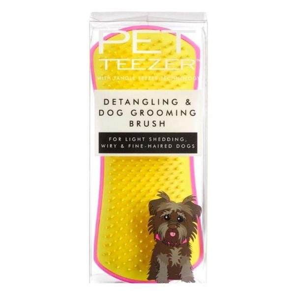 Perie de Par pentru Animale - Tangle Teezer Pet Detangling & Dog Grooming Brush for Light Shedding, Wiry and Fine-Haired Dogs, Pink/Yellow, 1 buc