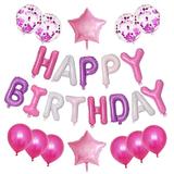 Set 25 Baloane Teno®, Litere, pentru Petreceri/Aniversari/Evenimente, confetti, stelute, model Happy Birthday, roz/mov/alb