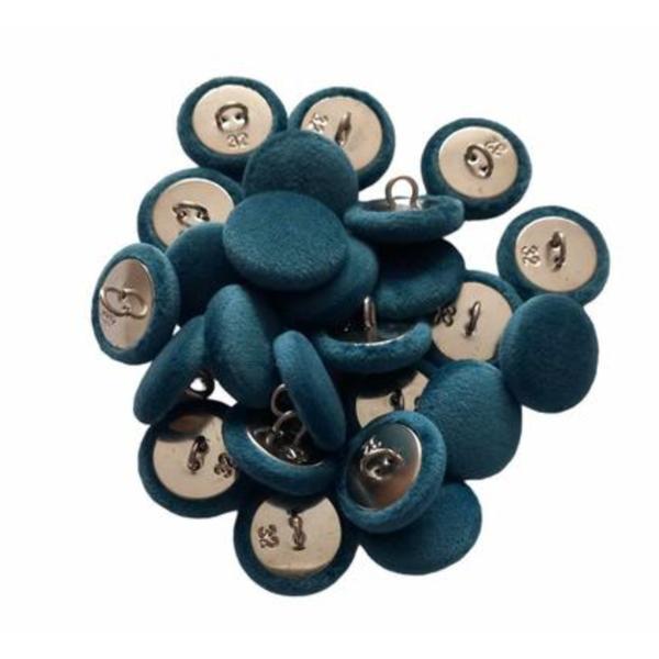 Set 25 nasturi metalici cu picior rotunzi, imbracati in catifea albastru turcoaz 2 cm marimea 32