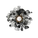 Brosa Tamia, neagra, cu forma florala, decorata cu cristale naturale si perla