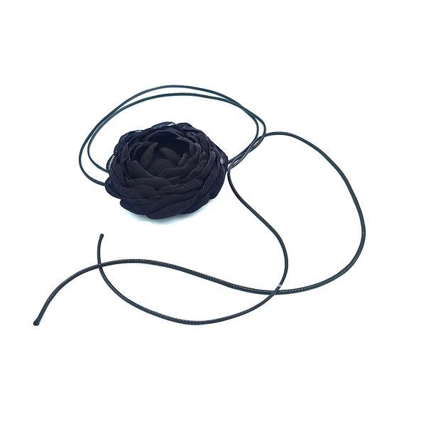 Colier choker floare trandafir din voal culoarea negru cu snur, Fantasy, Corizmi