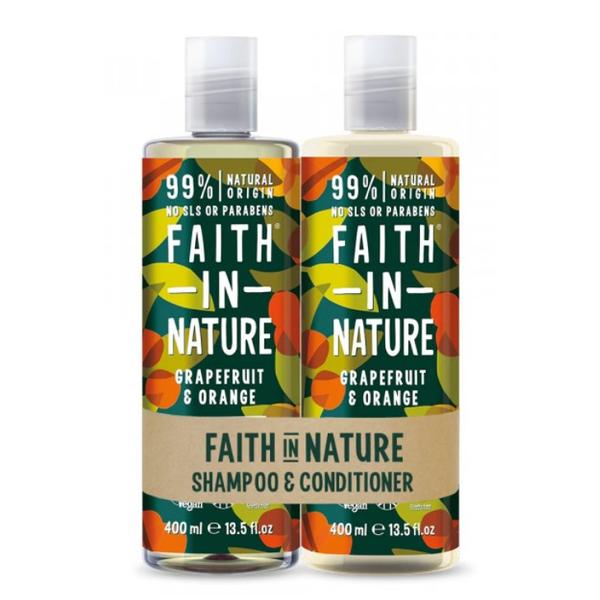 Set Sampon si Balsam Revigorant cu Grapefruit & Portocale pentru Par Normal / Gras - Faith in Nature Invigorating Shampoo + Conditioner Grapefruit & Orange, 2 x 400 ml, 1 set