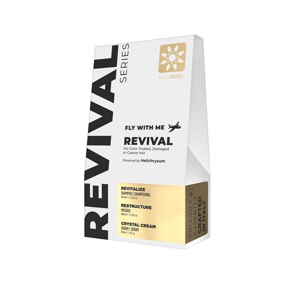 Kit Tratament pentru Calatorii pentru Parul Uscat, Deteriorat sau Vopsit - Heli&#039;s Gold Revival Series Fly With Me: Sampon Revitalize 100 ml, Masca Restructure 100 ml, Ser Crystal Cream 30 ml