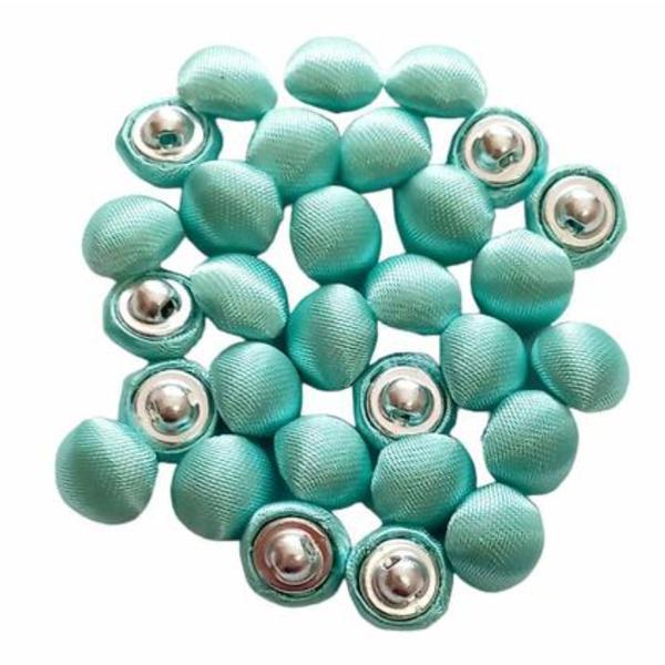 Set 30 nasturi mireasa cu picior rotunzi, bombati acoperiti in satin verde deschis  lucios 1 cm marimea 16