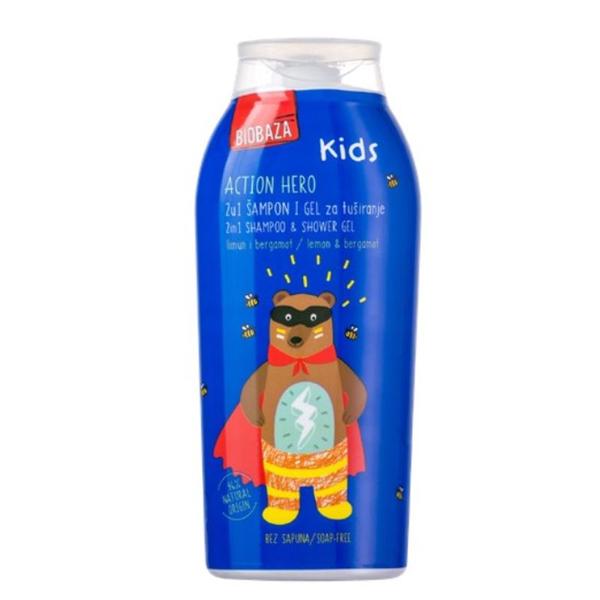 Sampon si Gel de Dus Natural pentru Copii cu Lamaie si Bergamota - Biobaza Kids Action Hero 2in1 Shampoo&Shower Gel, 250 ml