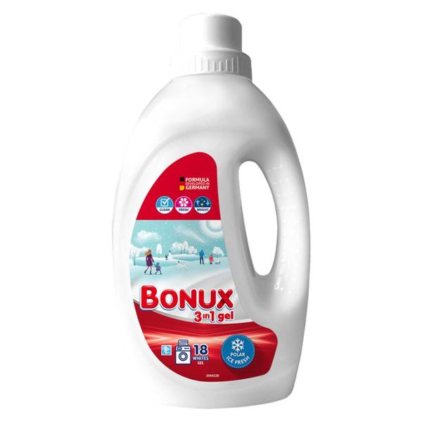Detergent Automat Lichid 3 in 1 cu Parfum Proaspat de Iarna pentru Rufe Albe - Bonux 3 in 1 Colors Gel Polar Ice Fresh, 900 ml