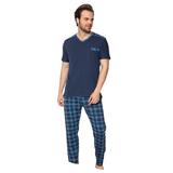 Pijamale barbati, bumbac, pantaloni lungi, bluza maneca scurta, Bleumarin, 2XL