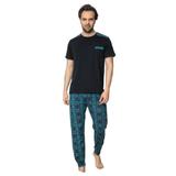 Pijamale barbati, bumbac, pantaloni lungi, bluza maneca scurta, Negru, S