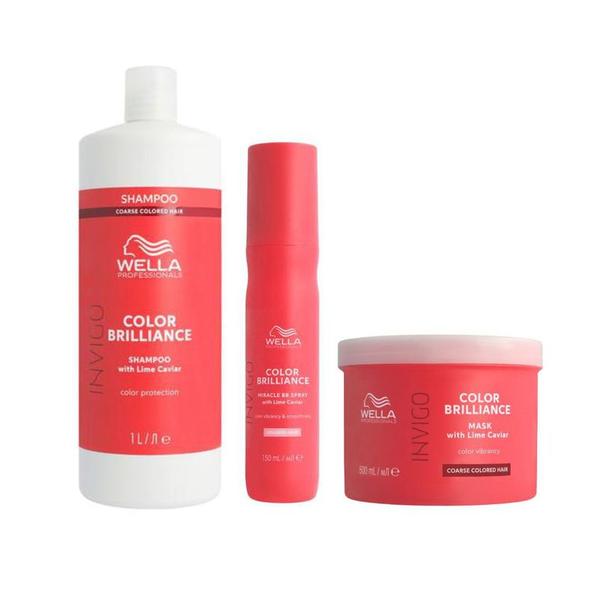 Pachet pentru Par Vopsit cu Fir Gros - Wella Professionals Invigo Color Brilliance Coarse: Sampon 1000 ml + Masca 500 ml + Spray Miracle BB 150 ml