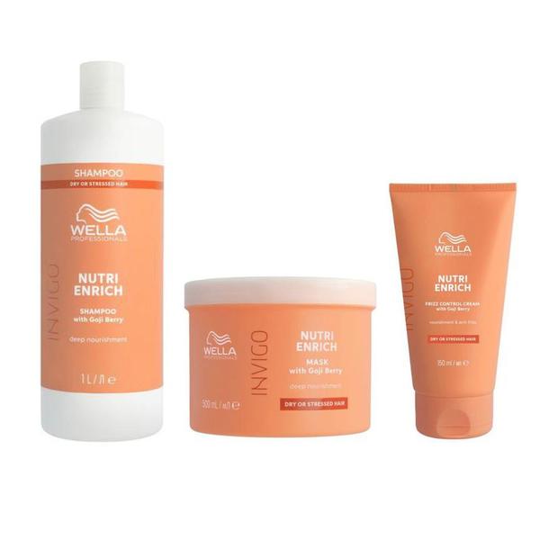 Pachet Intens Nutritiv pentru Par Uscat si Deteriorat - Wella Professionals Invigo Nutri-Enrich: Sampon 1000 ml + Masca 500 ml + Crema Frizz Control 150 ml