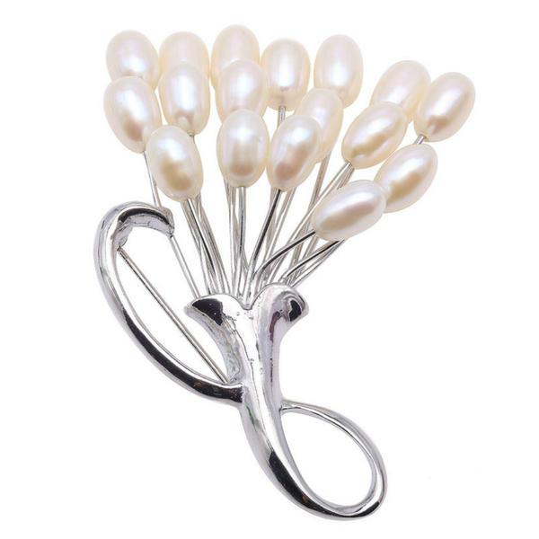 Brosa Buchet de Flori cu Perle Naturale Albe, Kaskadda