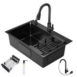 Chiuveta Multifunctionala pentru Bucatarie Teno®, materiale premium, baterie extensibila cu furtun de 60 de cm, rotire 360°, dozator de sapun inclus, scurgator de vase detasabil, adanca, usor de montat, negru mat