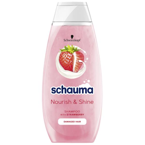 Sampon cu Extract de Capsuni si Lapte de Migdale, pentru Par Deteriorat - Schwarzkopf Schauma Nourish & Shine, 400 ml
