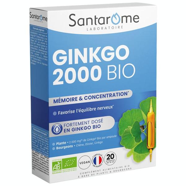 Supliment Alimentar pentru Memorie si Concentrare - Santarome Ginkgo 2000 Bio, 20  fiole