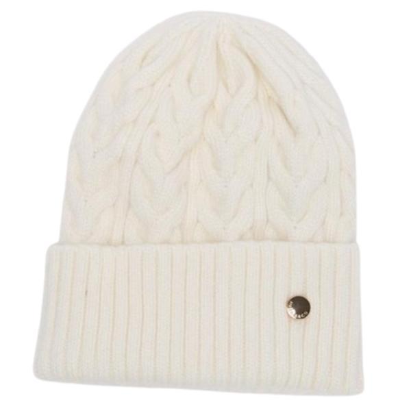 Caciula Beanie din Tricot Alb cu Angora si Margine Indoita
