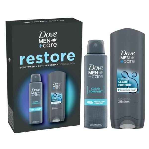 Set Cadou Dove Men +Care Restore Collection - Gel de Dus Hydrating Clean Comfort Body, Face &amp; Hair Wash, 250 ml + Deodorant Spray Clean Comfort 48