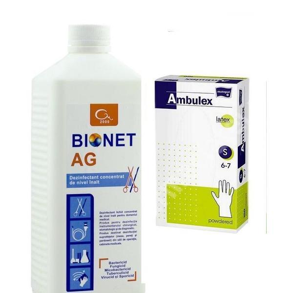Pachet - dezinfectant instrumentar bionet ag 1 litru + manusi ambulex latex masura s