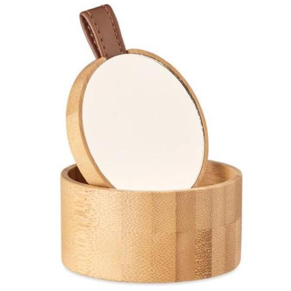 Cutie din lemn de bambus, cu oglinda, organizare bijuterii, Ø80X40mm, diverse obiecte, Piksel, ideal cadou