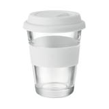 Cana de voiaj din sticla, Piksel, 350 ml, cu capac si prindere din silicon, Alb