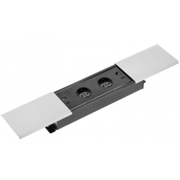 Priza incorporabila in blat Prestino, cu 2 prize Schuko, 2 porturi incarcare USB tip A + C, 1 port HDMI si 1 port RJ45, finisaj aluminiu