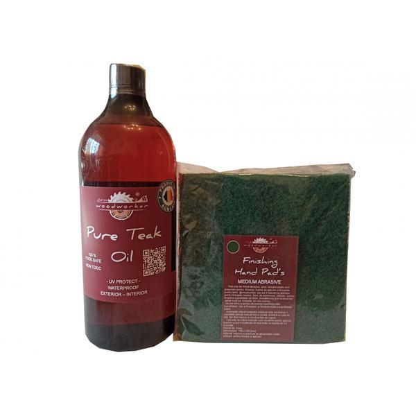 Kit intretinere mobilier lemn masiv, Prep’N Shine-Pure Teak Oil &Hand Pad’s Medium Abrasive verde,  1000 ml, interior, exterior, woodworker