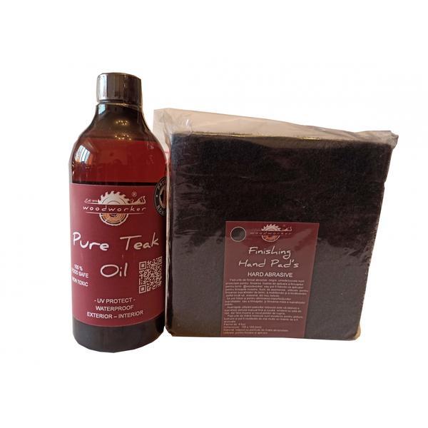 Kit intretinere mobilier lemn masiv, Prep’N Shine-Pure Teak Oil & Hand Pad’s Hard Abrasive negru,  500 ml, interior, exterior, woodworker