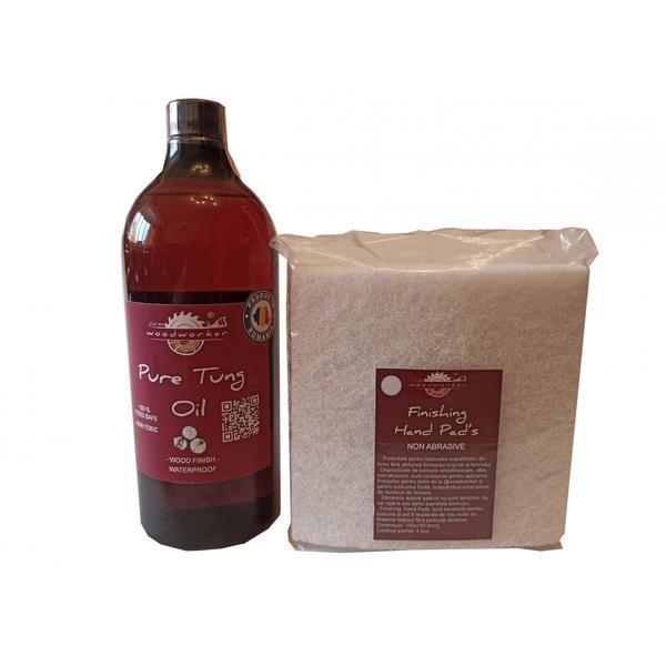 Kit intretinere mobilier lemn masiv, Prep’N Shine-Pure Tung Oil & Hand Pad’s Non Abraziv alb,  1000 ml, food-safe, non toxic, woodworker