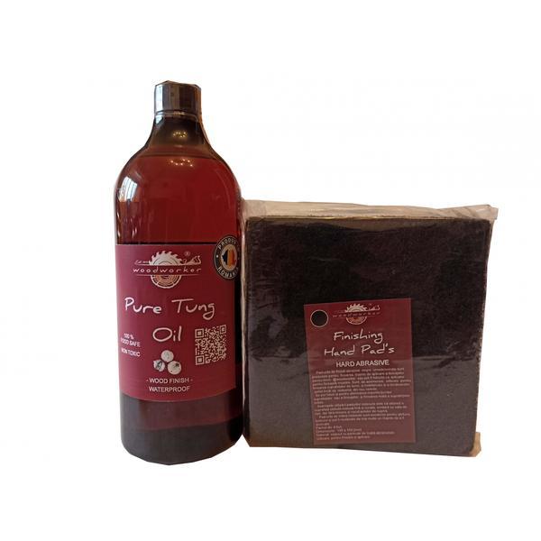 Kit intretinere mobilier lemn masiv, Prep’N Shine-Pure Tung Oil & Hand Pad’s Hard Abrasive negru,  1000 ml, food-safe, non toxic, woodworker