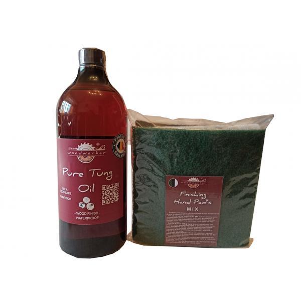 Kit intretinere mobilier lemn masiv, Prep’N Shine-Pure Tung Oil & Hand Pad’s Mix Abrasive, alb, negru, verde, 1000 ml, food-safe, non toxic, woodworker