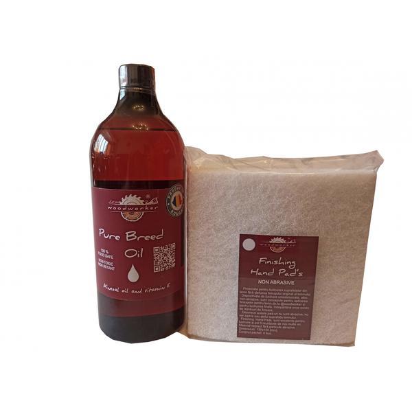 Kit intretinere mobilier lemn masiv, Prep’N Shine-Pure Breed Oil & Hand Pad’s Non Abraziv alb 1000 ml, food-safe, non toxic, woodworker