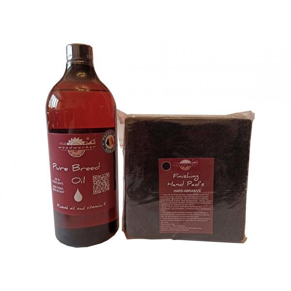 Kit intretinere mobilier lemn masiv, Prep’N Shine-Pure Breed Oil & Hand Pad’s Hard Abrasive negru,  1000 ml, food-safe, non toxic, woodworker