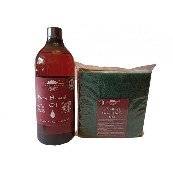 Kit intretinere mobilier lemn masiv, Prep’N Shine-Pure Breed Oil & Hand Pad’s Mix, alb, negru, verde, 1000 ml, food-safe, non toxic, woodworker