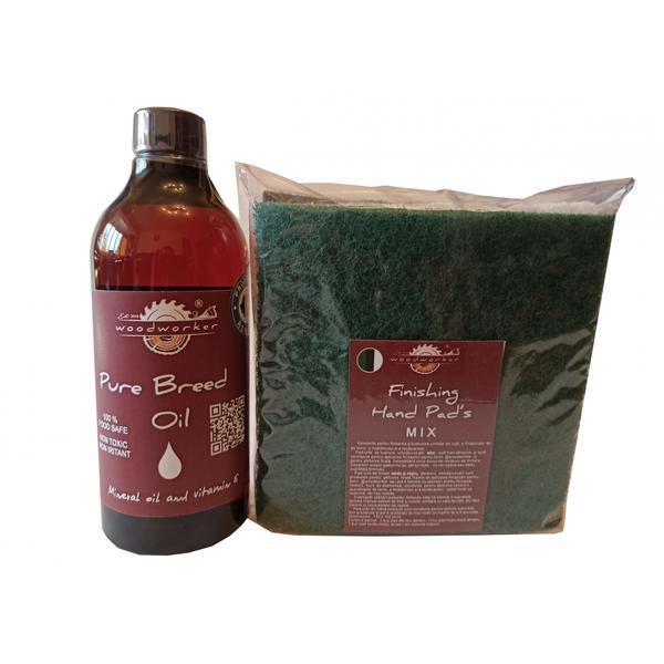 Kit intretinere mobilier lemn masiv, Prep’N Shine-Pure Breed Oil & Hand Pad’s Mix, alb, negru, verde,  500 ml, food-safe, non toxic, woodworker