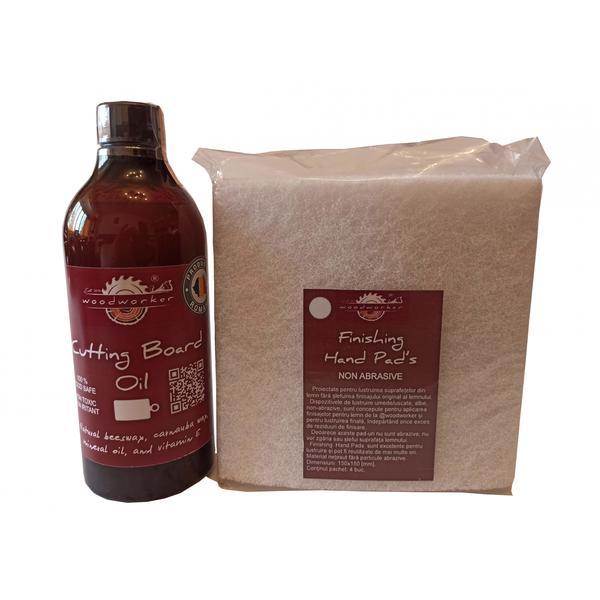 Kit intretinere mobilier lemn masiv, Prep’N Shine-Cutting Board Oil & Hand Pad’s Non Abrasive,  alb, 500 ml, tocatoare, food-safe, non toxic, woodworker