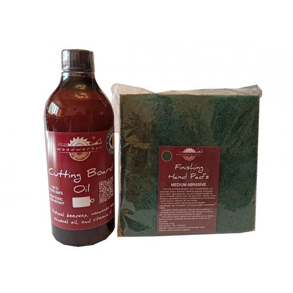 Kit intretinere mobilier lemn masiv, Prep’N Shine-Cutting Board Oil & Hand Pad’s Medium Abrasive,  verde, 500 ml, tocatoare, food-safe, non toxic, woodworker