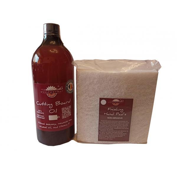 Kit intretinere mobilier lemn masiv, Prep’N Shine-Cutting Board Oil & Hand Pad’s Non Abrasive,  alb, 1000 ml, tocatoare, food-safe, non toxic, woodworker