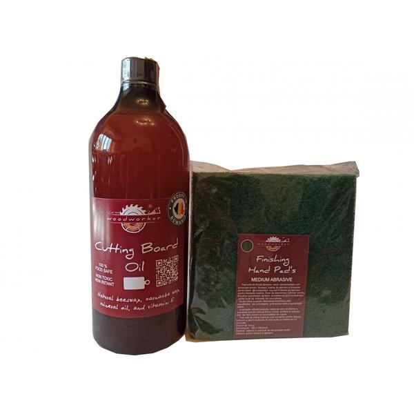Kit intretinere mobilier lemn masiv, Prep’N Shine-Cutting Board Oil & Hand Pad’s Medium Abrasive,  verde, 1000 ml, tocatoare, food-safe, non toxic, woodworker