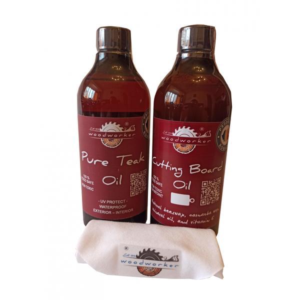 Pachet intretinere lemn masiv, interior, exterior, Dual Pack, Pure Teak Oil, 500ml, Cutting Board Oil, 500ml, laveta bumbac, woodworker