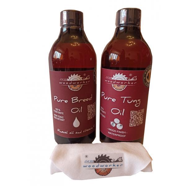 Pachet intretinere lemn masiv, Dual Pack, Pure Breed Oil, 500 ml, Pure tung Oil,500 ml, laveta bumbac, non toxic, mobilier, tocatoare, woodworker
