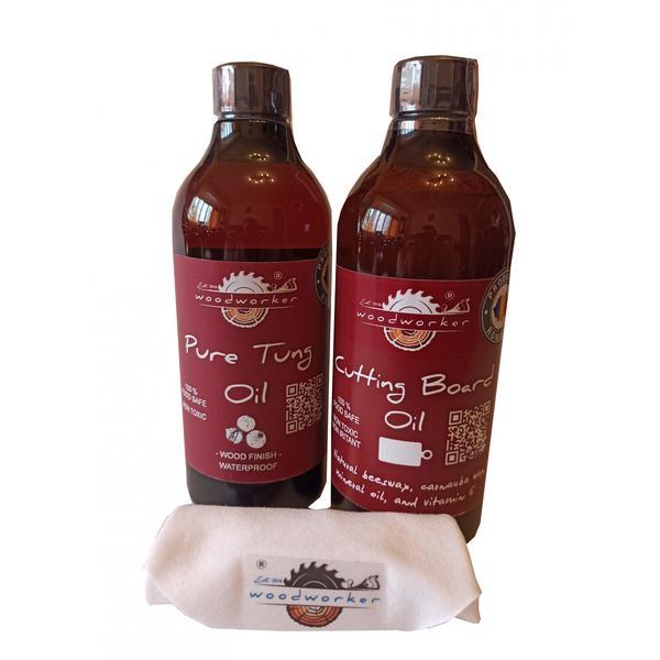 Pachet intretinere lemn masiv, interior, exterior, Dual Pack, Pure Tung Oil, 500ml, Cutting Board Oil, 500ml,  laveta bumbac, food safe, woodworker